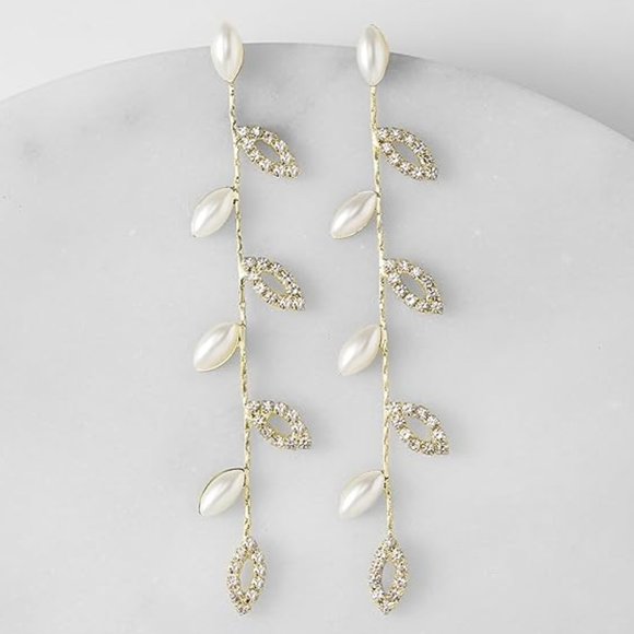Vine Leaves Rhinestone CZ Pave Crystal Pearl Gold Leaf Earrings Bridal Long New - Picture 1 of 6